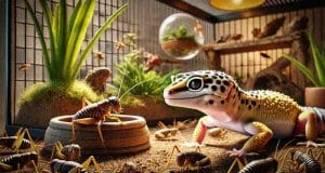 A leopard gecko habitat setup with a realistic desert landscape, including sand, rocks, and plants, with a leopard gecko basking under a heat lamp